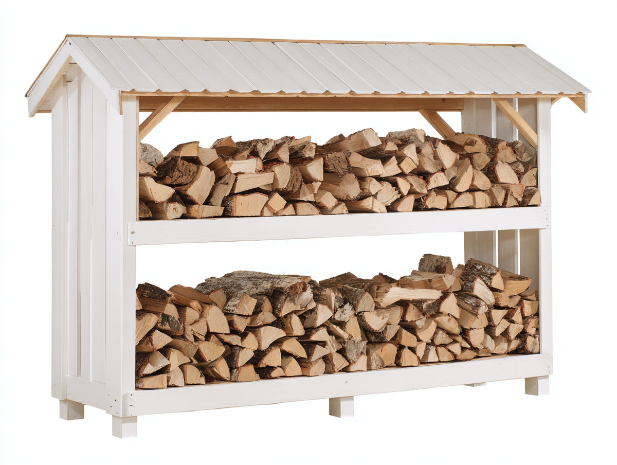Leñero de jardín 220x70x180 cm madera blanco con techo diseño clásico exterior