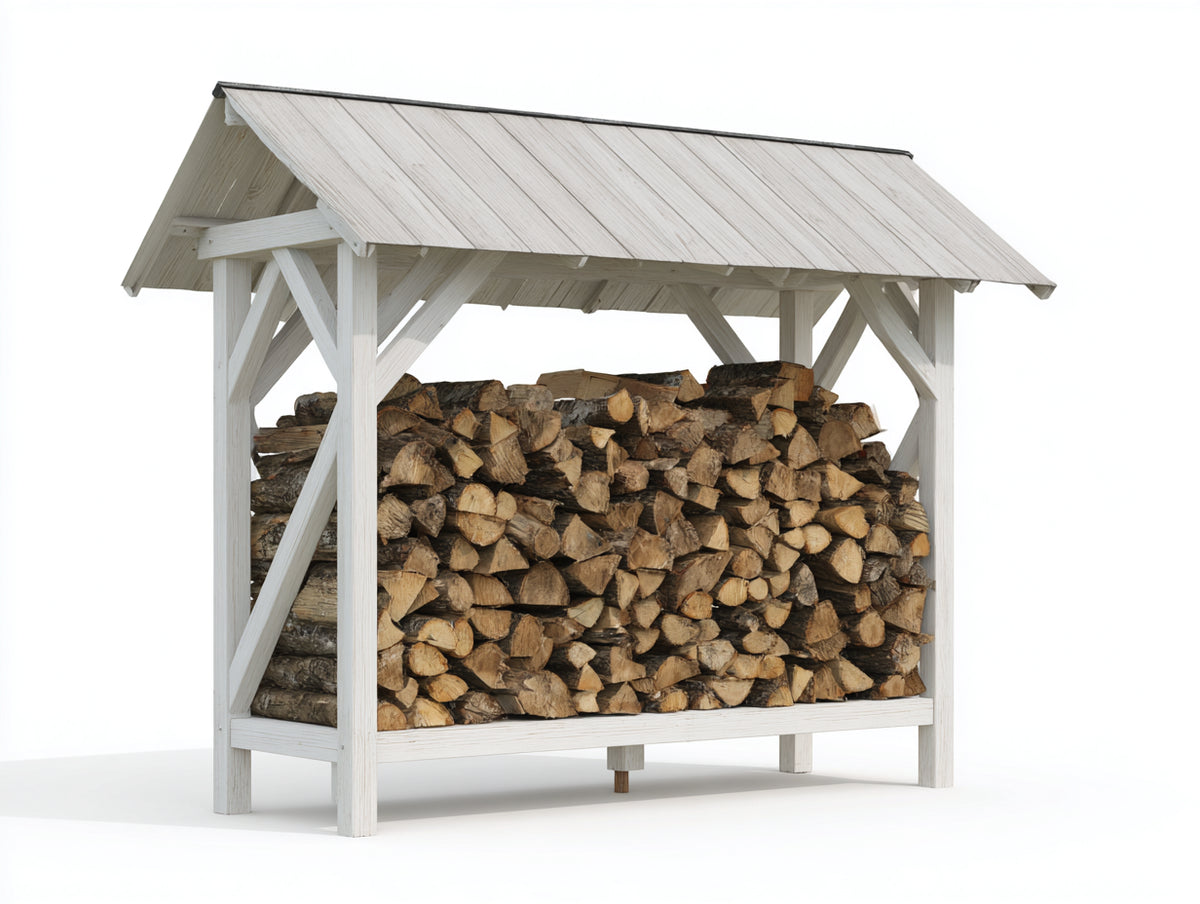 Leñero de jardín de madera 240x80x180 cm - blanco - diseño abierto con techo para almacenamiento de leña exterior