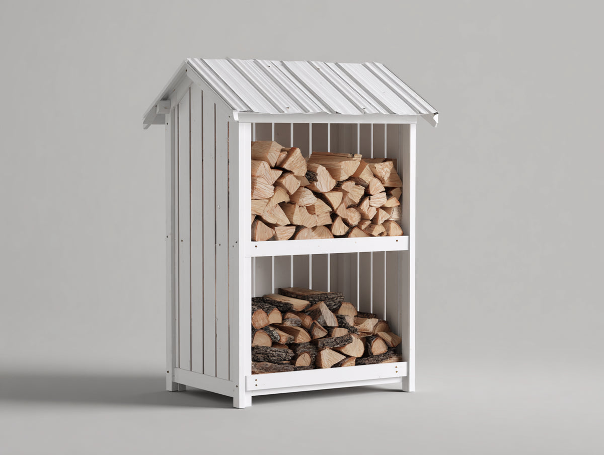 Leñero de jardín de madera 100x45x180 cm - blanco - diseño clásico con techo protector