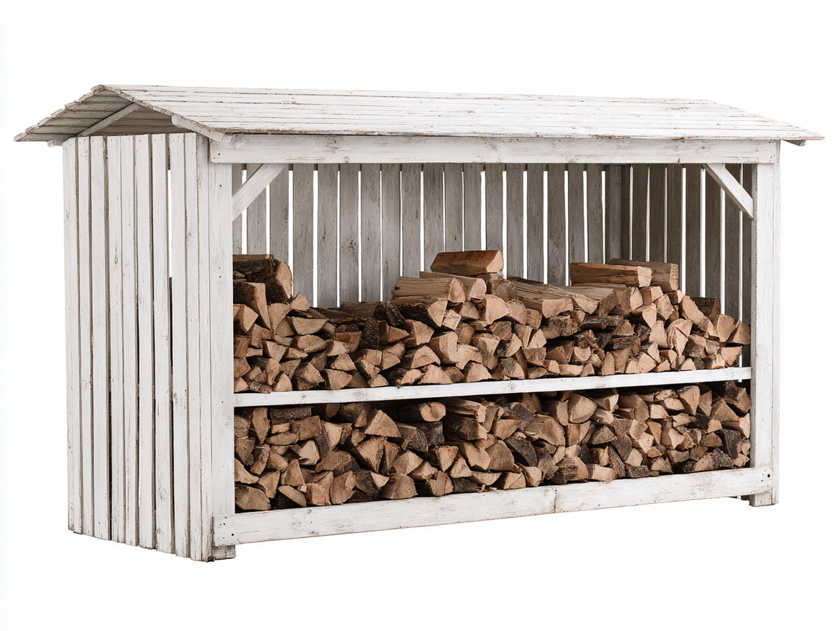 Leñero de jardín de madera 300x60x150 cm - blanco - diseño clásico con techo protector