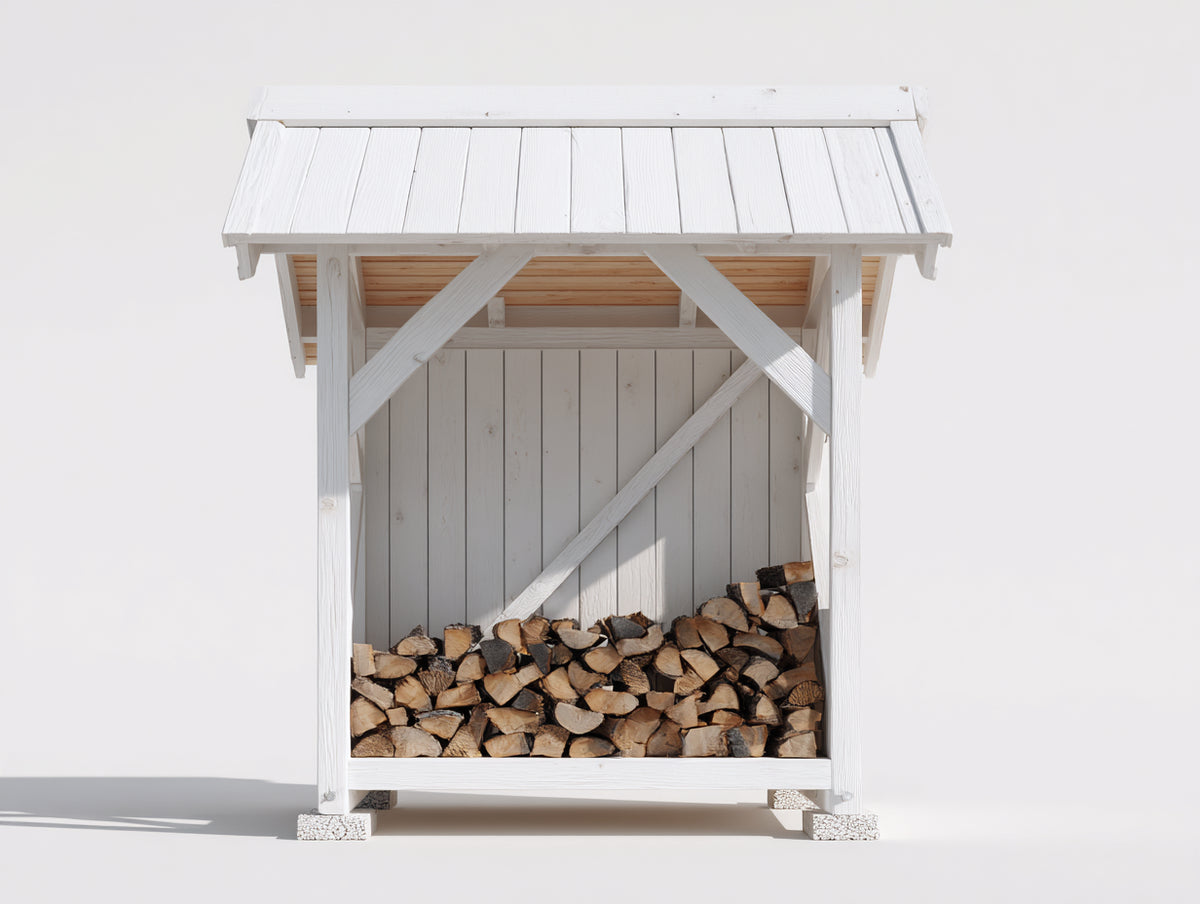 Leñero de jardín de madera blanco 180x80x180 cm para almacenamiento de leña diseño rústico