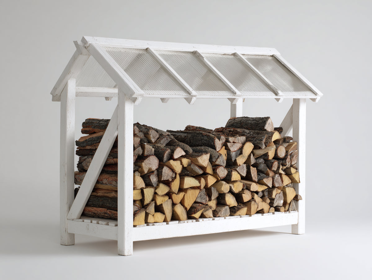 Leñero de jardín exterior 180x70x150 cm - estructura de madera blanca - almacenamiento de leña con techo