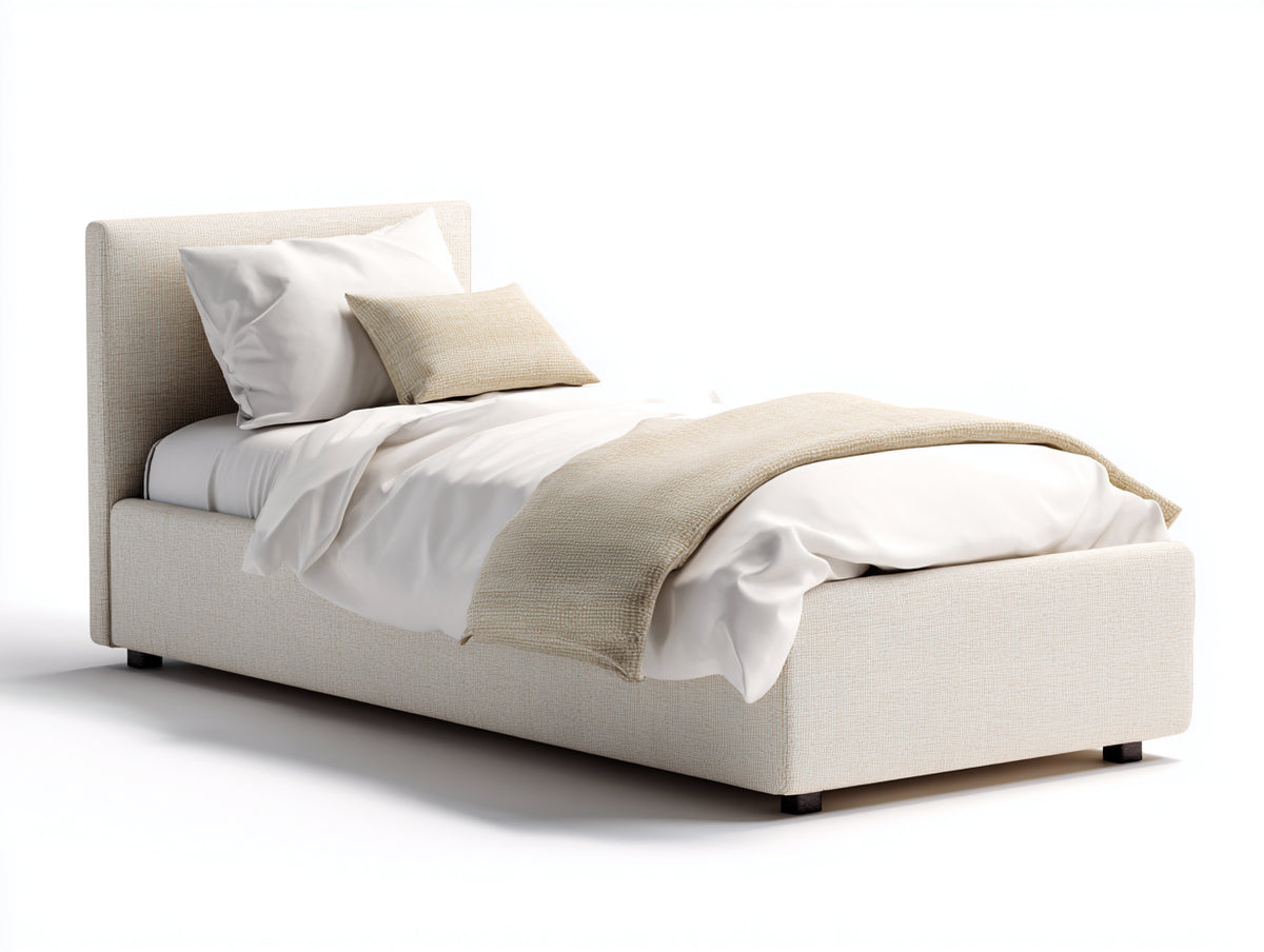 Cama individual tapizada de tela beige 200x100x90 cm diseño moderno