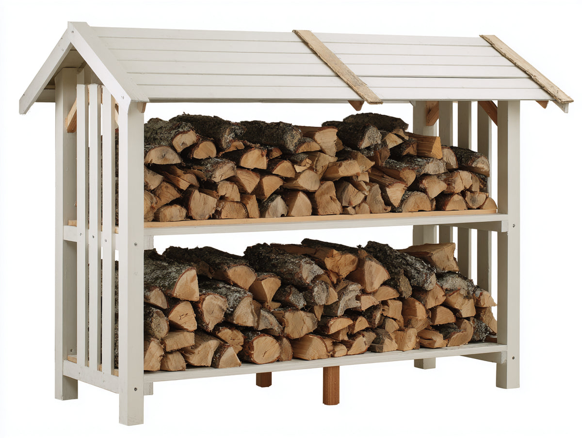 Leñero de jardín de madera 180x70x160 cm - blanco - diseño de dos niveles con techo para almacenamiento de leña exterior